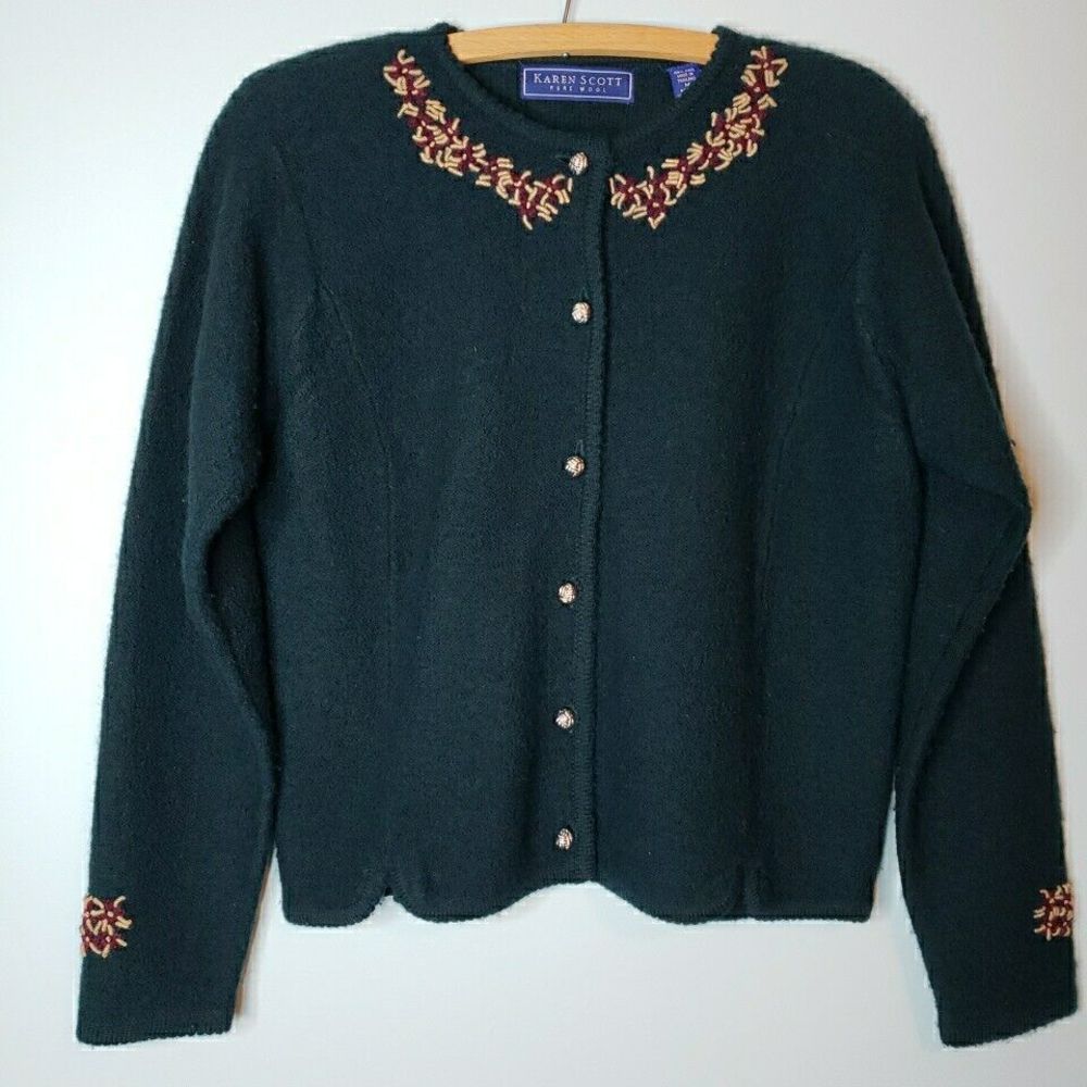 Karen Scott Sweater Womens Button Up Embroidered Wool Cardigan Green Size Medium